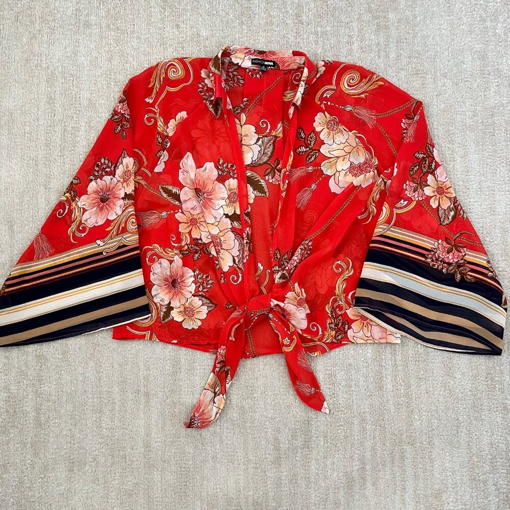 Fashion Nova Floral Kimono Sleeve Tie Front Sheer Summer Blouse Top M